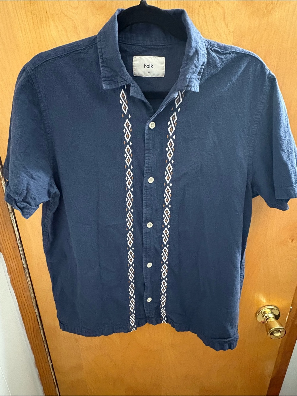 Folk Navy Short-Sleeve Button-Up Shirt with White Embroidered Trim